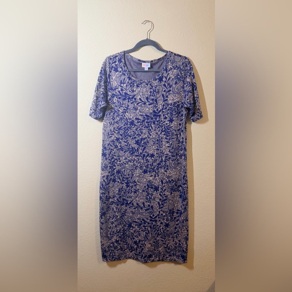 LuLaRoe Blue & Cream Floral fitted Julia Dress, Sz XL